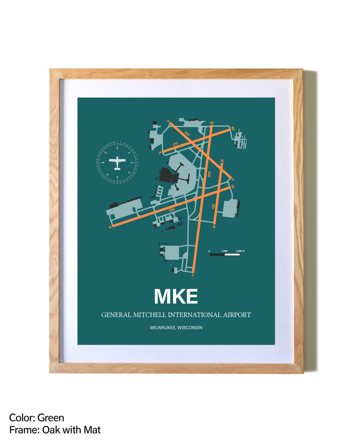General Mitchell International Airport airport map poster in oak frame with mat