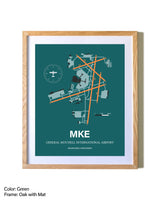 General Mitchell International Airport airport map poster in oak frame with mat