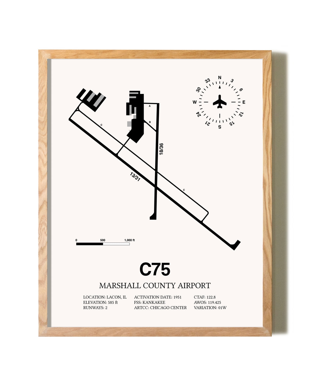 Marshall County Airport framed print in natural wood frame