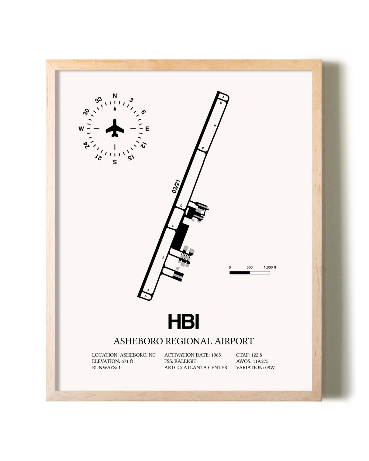 Asheboro Regional Airport framed wall art in white frame