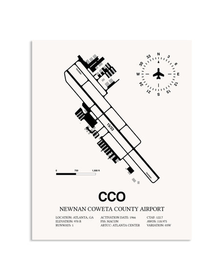 Gray Newnan Coweta County Airport framed poster displayed in an airplane hangar