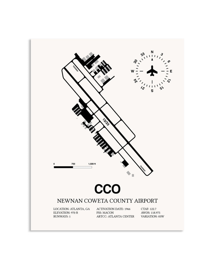 Gray Newnan Coweta County Airport framed poster displayed in an airplane hangar