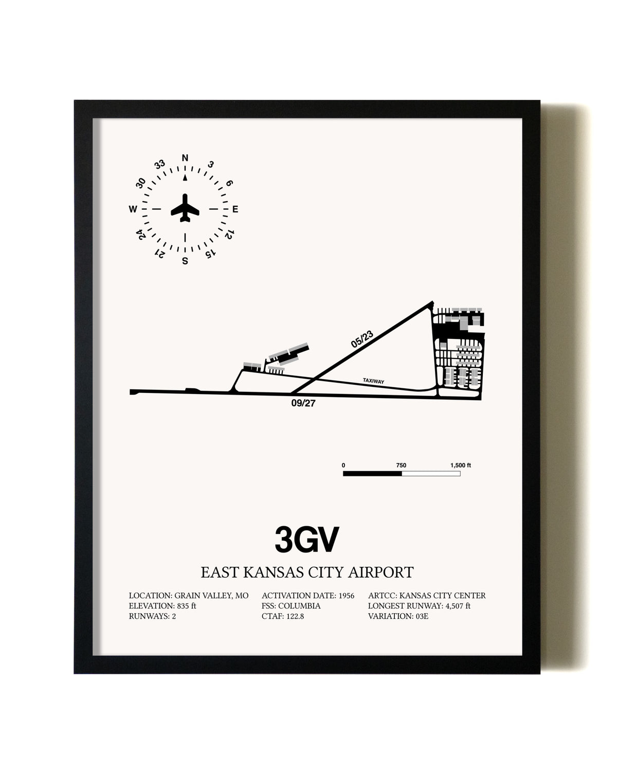 Framed East Kansas City Airport wall art poster in black frame
