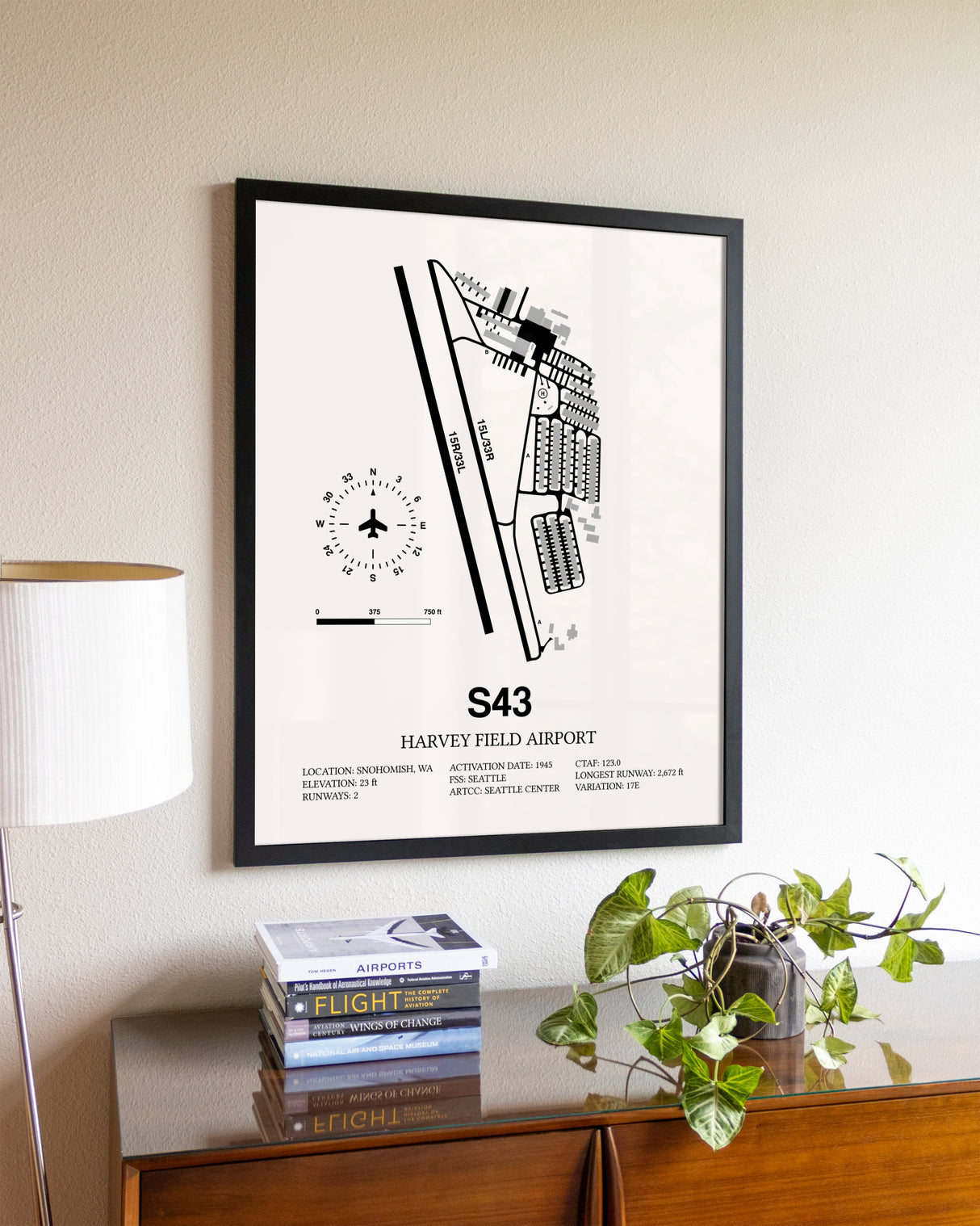Harvey Field Airport aviation wall décor in black wood frame