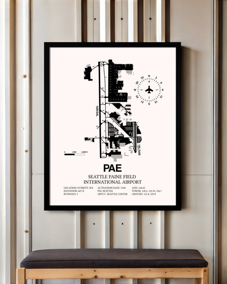 Seattle Paine Field International Airport framed poster displayed in an airplane hangar