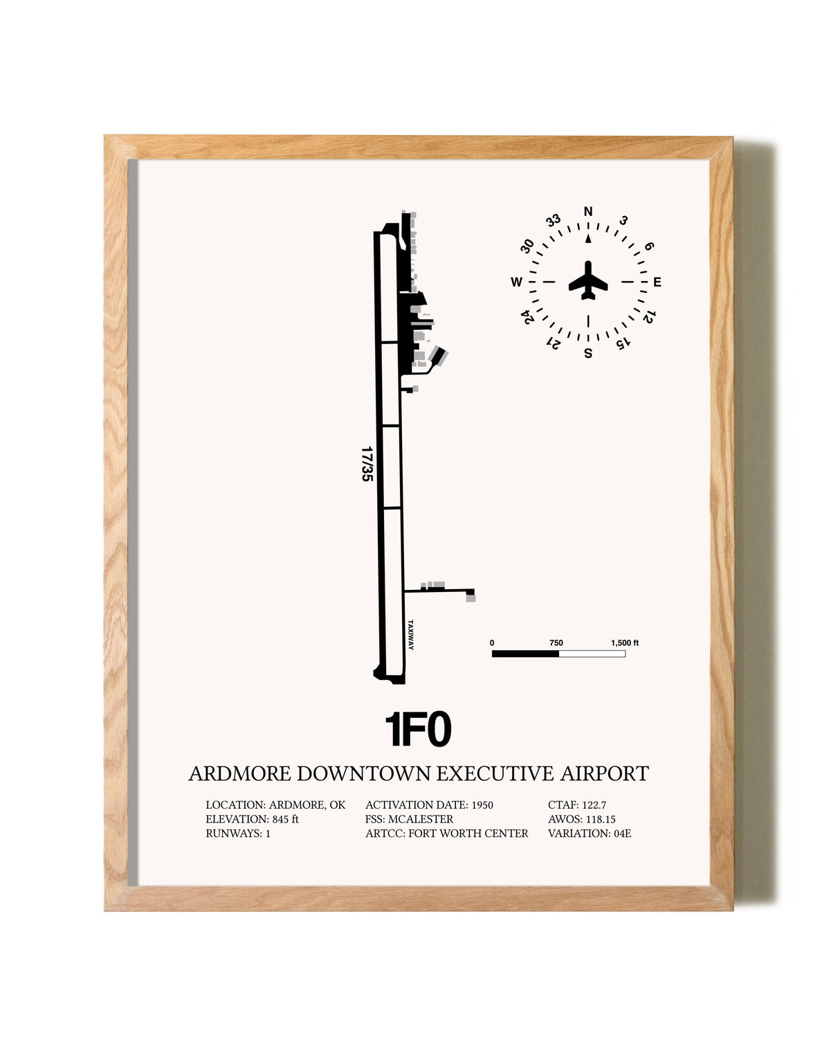 Ardmore Downtown Executive Airport framed print in natural wood frame