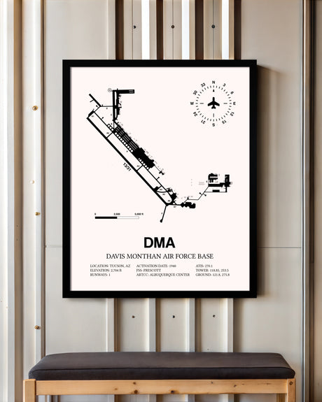 Davis Monthan Air Force Base framed poster displayed in an airplane hangar