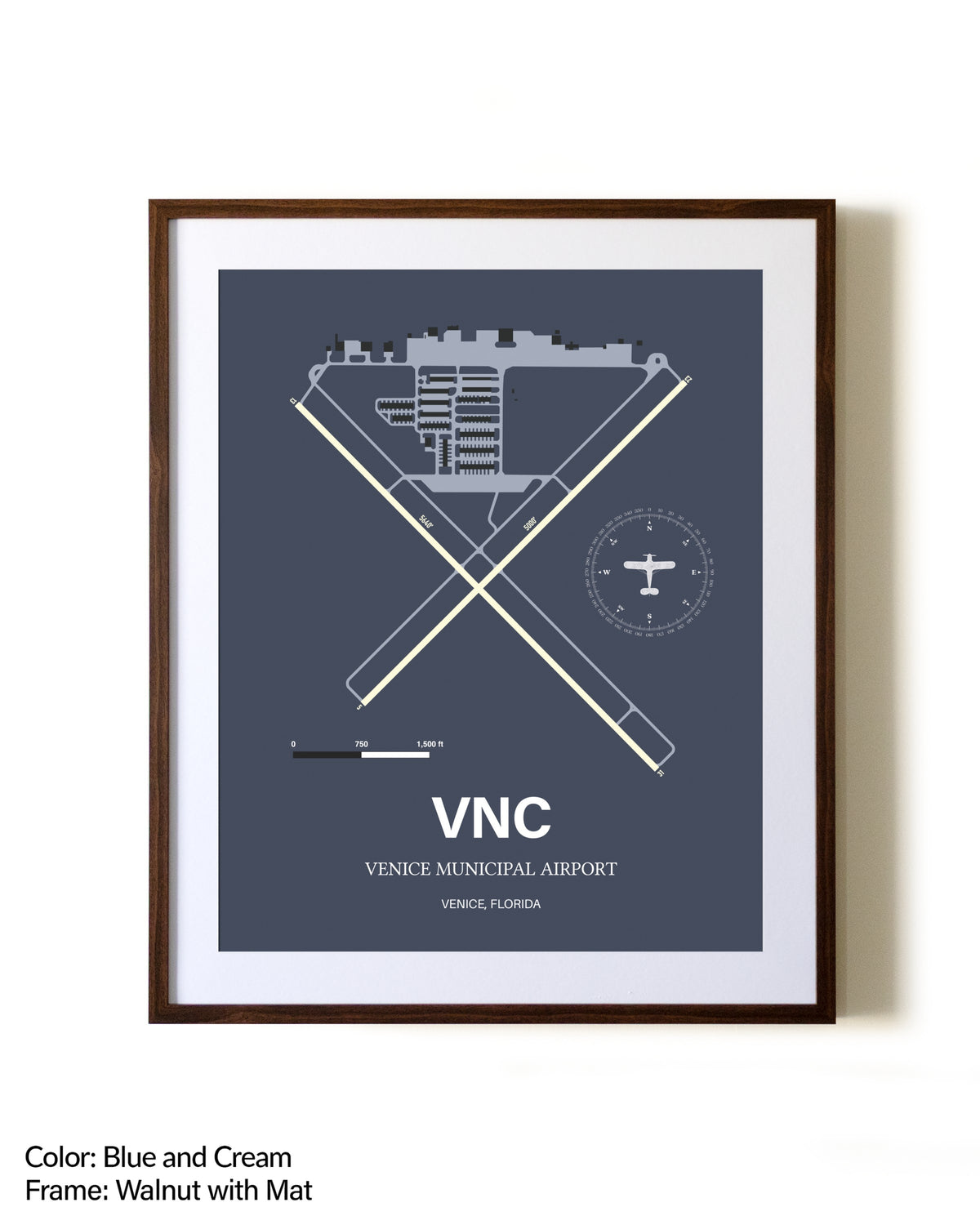 Venice Municipal Airport aviation print in walnut frame with mat