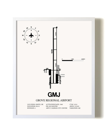 Grove Regional Airport airport map poster in oak frame