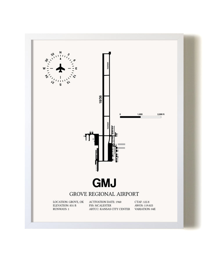 Grove Regional Airport airport map poster in oak frame