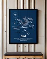 Baltimore/Washington International Thurgood Marshall Airport framed poster displayed in an airplane hangar