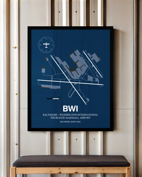 Baltimore/Washington International Thurgood Marshall Airport framed poster displayed in an airplane hangar