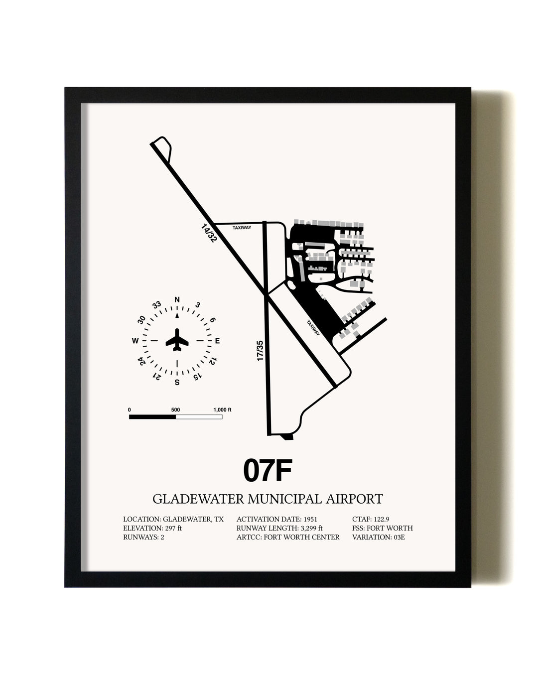 Framed Gladewater Municipal Airport wall art poster in black frame
