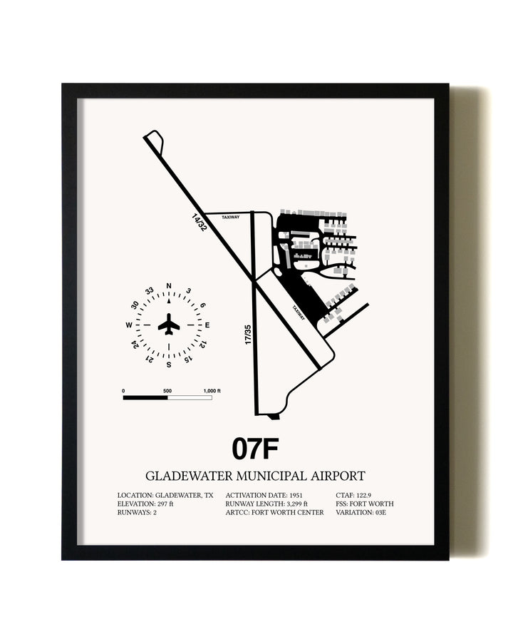 Framed Gladewater Municipal Airport wall art poster in black frame
