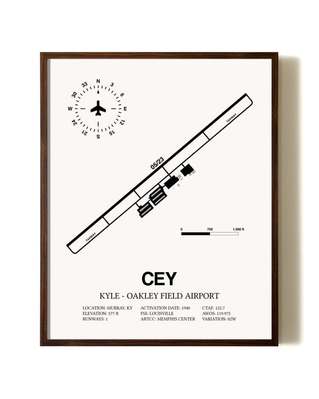 Kyle-Oakley Field Airport aviation print in walnut frame