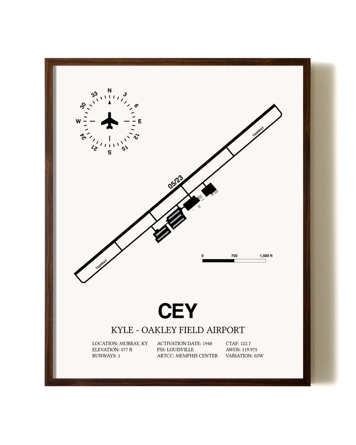 Kyle-Oakley Field Airport aviation print in walnut frame