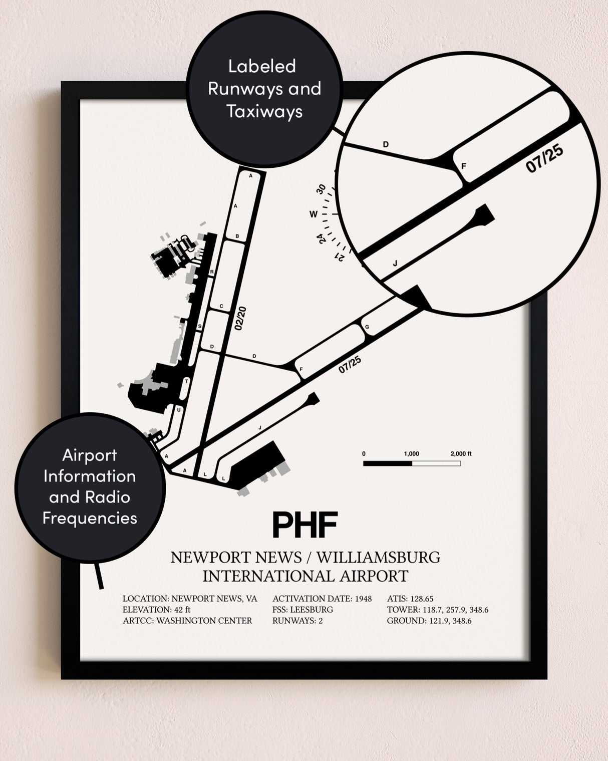Framed Newport News / Williamsburg International Airport layout wall art poster