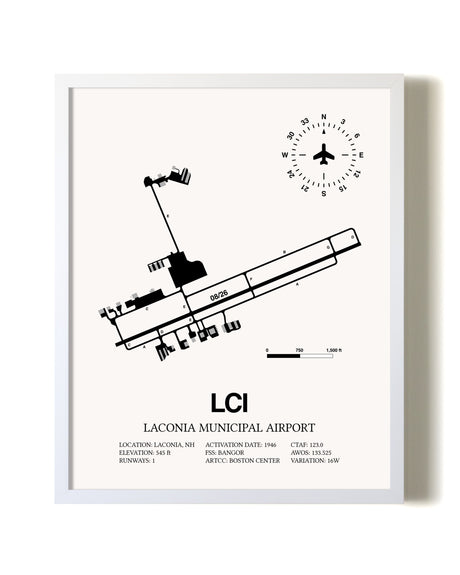 Laconia Municipal Airport airport map poster in oak frame