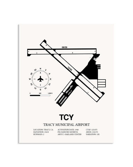 Gray Tracy Municipal Airport framed poster displayed in an airplane hangar