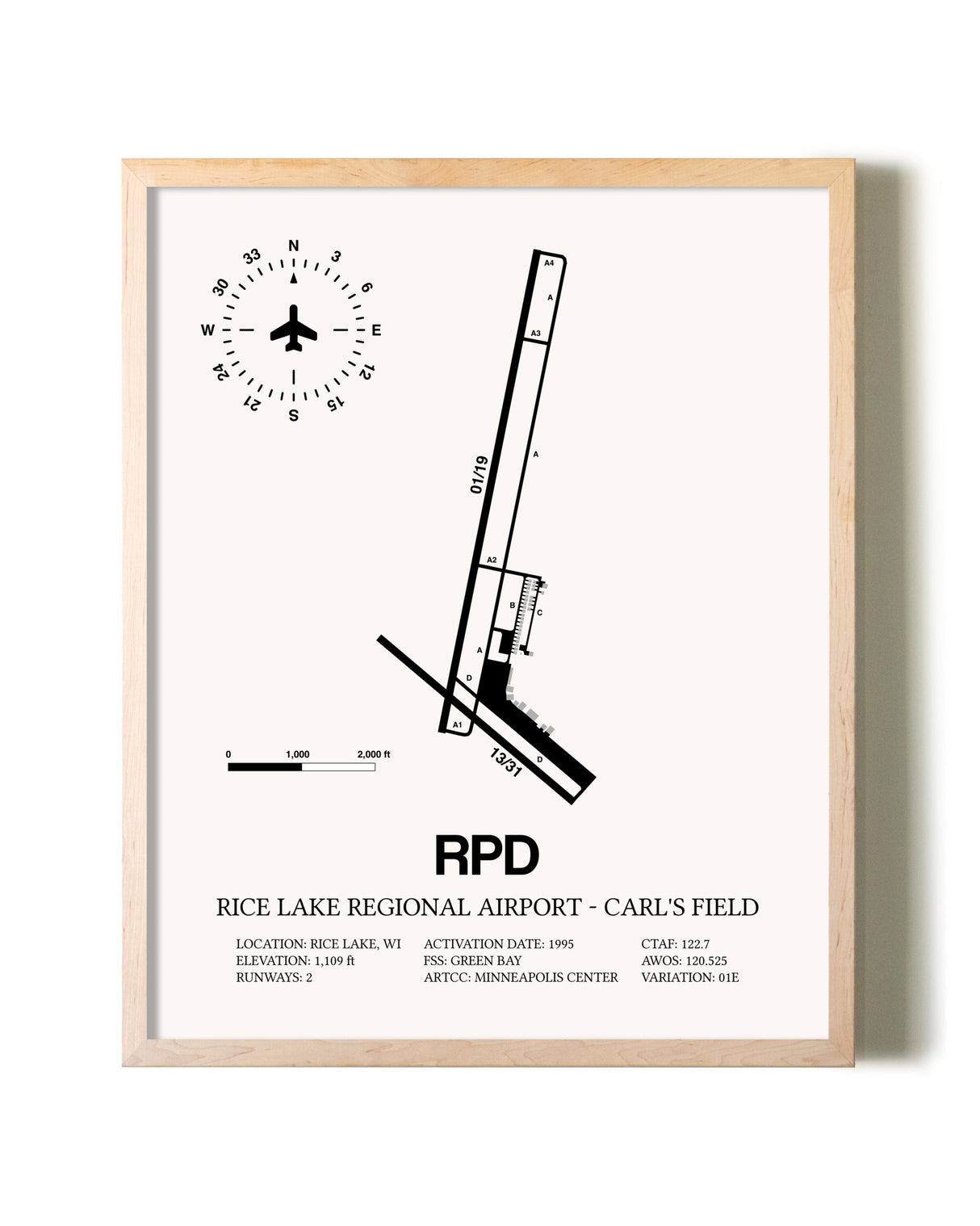 Rice Lake Regional Airport-Carl's Field framed wall art in white frame