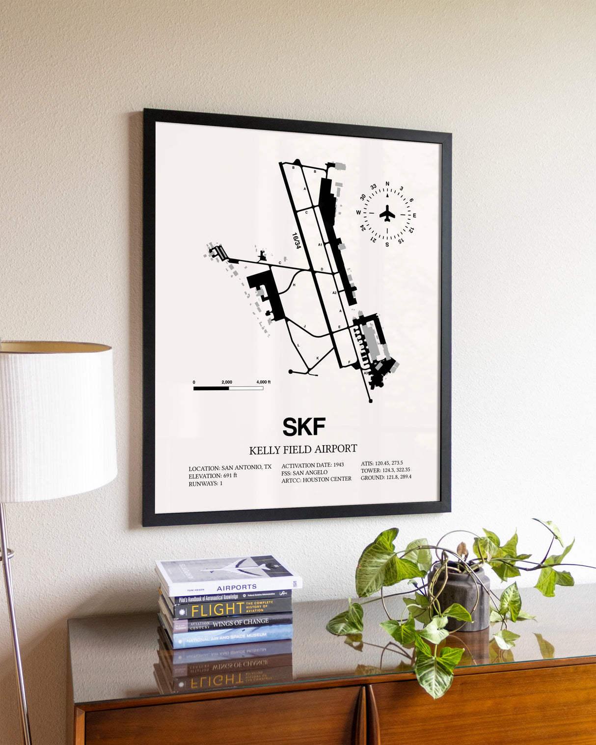 Kelly Field Airport aviation wall décor in black wood frame
