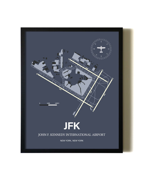 Blue and Cream Framed John F. Kennedy International Airport layout wall art poster