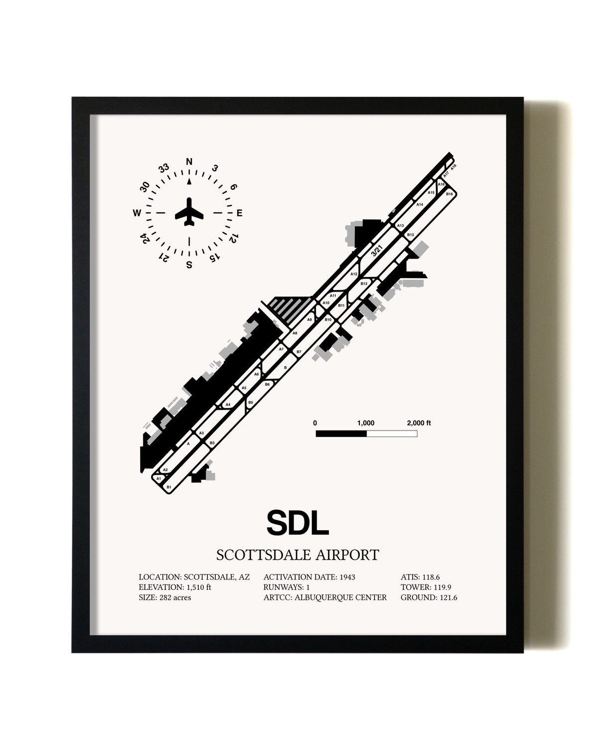 Framed Scottsdale Airport wall art poster in black frame