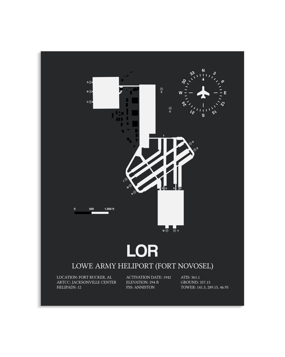Gray Framed Lowe Army Heliport (Fort Novosel) layout wall art poster