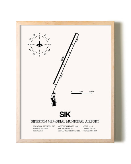Sikeston Memorial Municipal Airport framed wall art in white frame