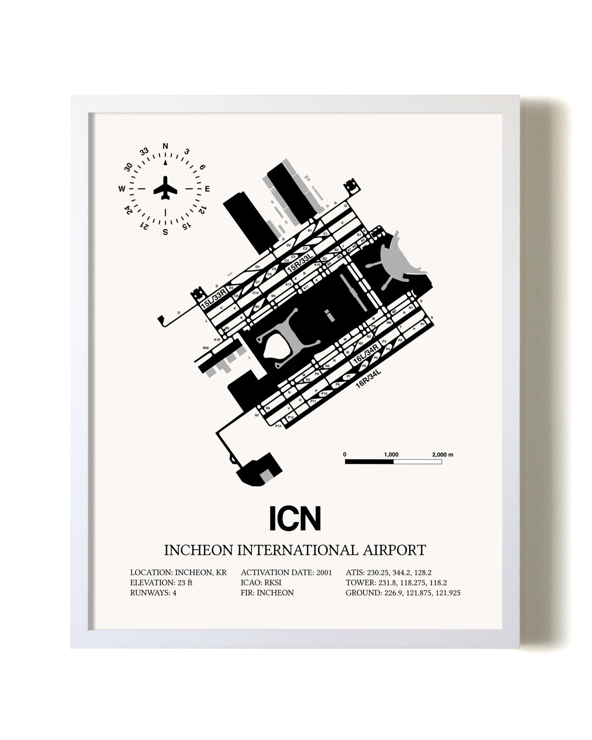 Incheon International Airport airport map poster in oak frame