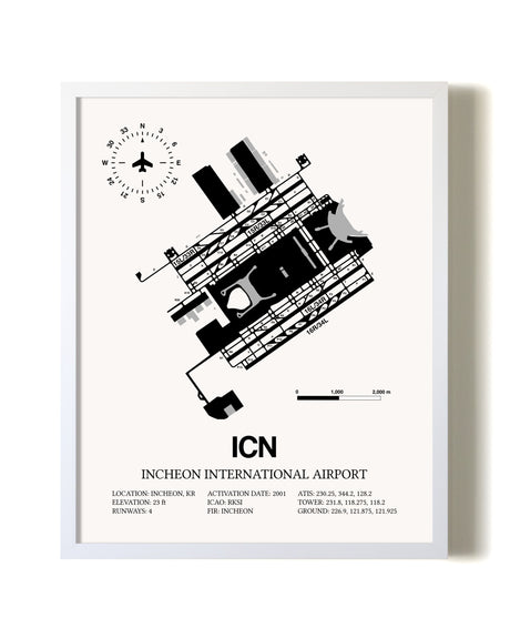 Incheon International Airport airport map poster in oak frame