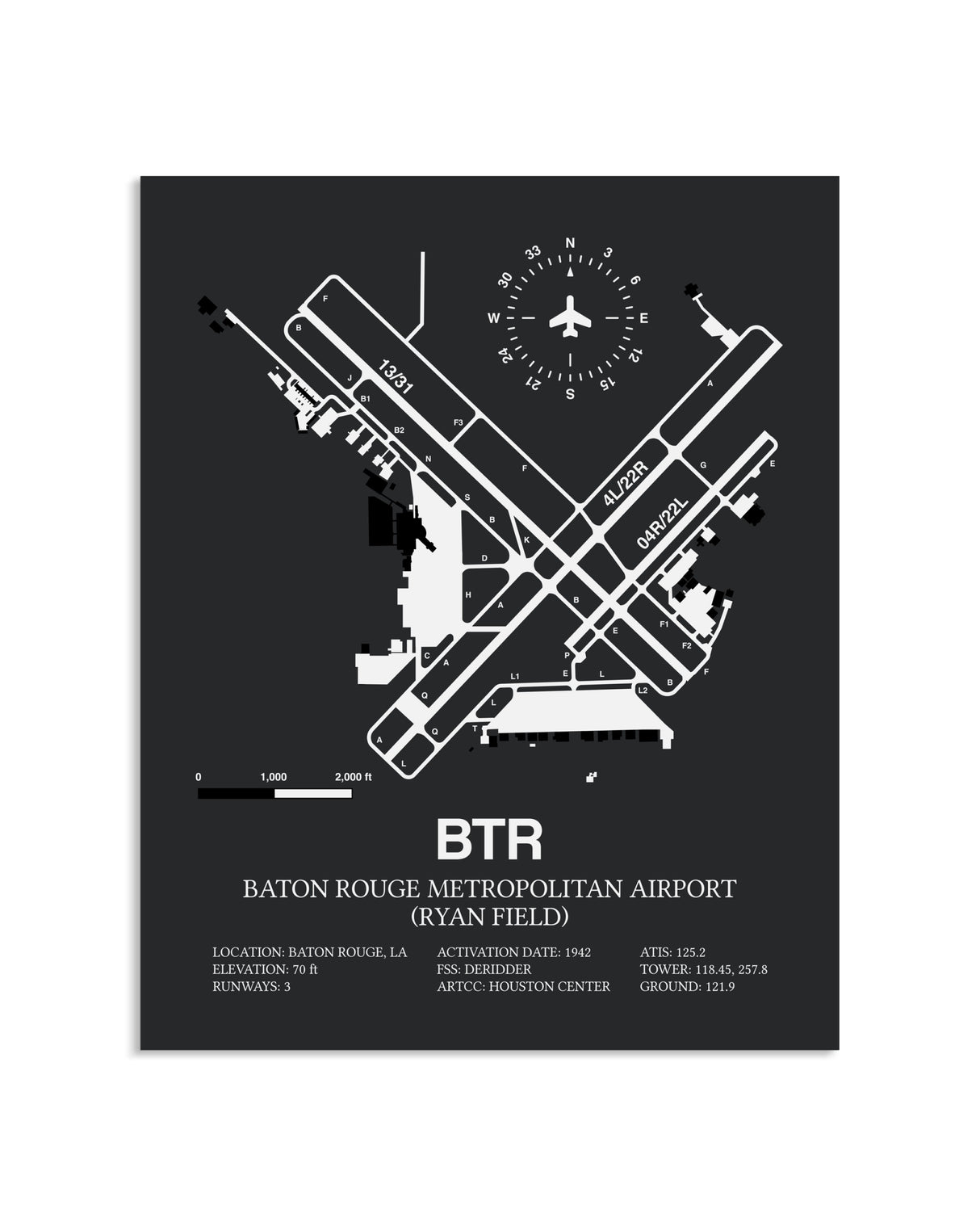 Gray Framed Baton Rouge Metropolitan Airport (Ryan Field) layout wall art poster