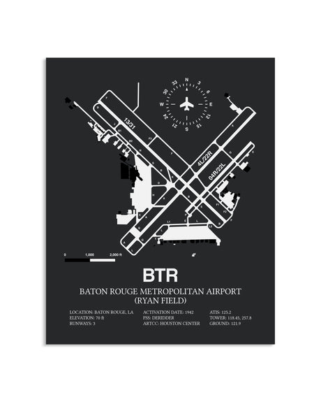 Gray Framed Baton Rouge Metropolitan Airport (Ryan Field) layout wall art poster