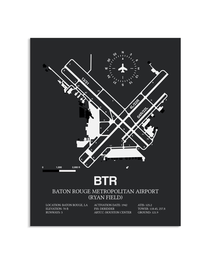 Gray Framed Baton Rouge Metropolitan Airport (Ryan Field) layout wall art poster