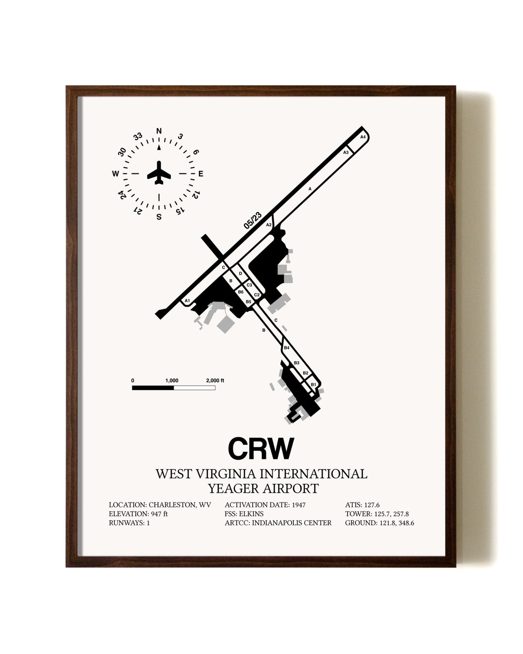 West Virginia International Yeager Airport aviation print in walnut frame