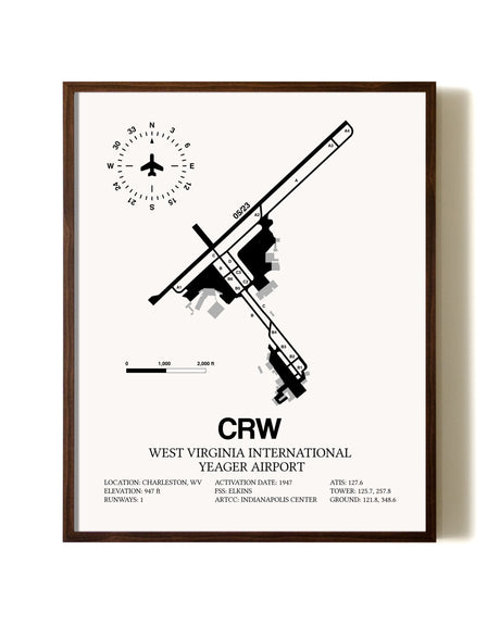 West Virginia International Yeager Airport aviation print in walnut frame