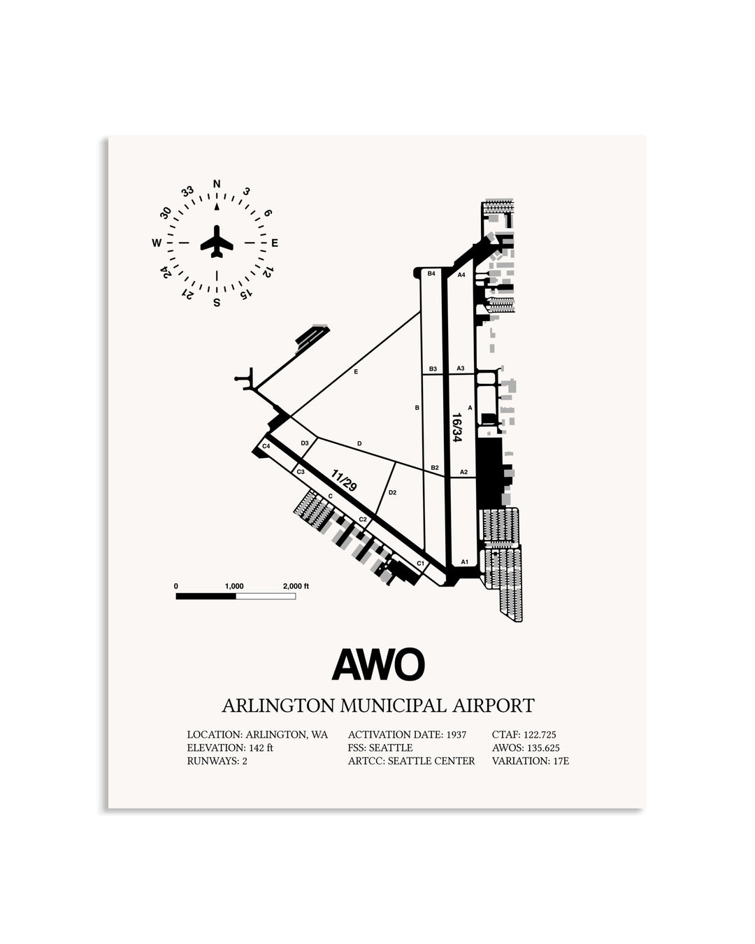 Gray Arlington Municipal Airport framed poster displayed in an airplane hangar