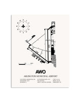 Gray Arlington Municipal Airport framed poster displayed in an airplane hangar