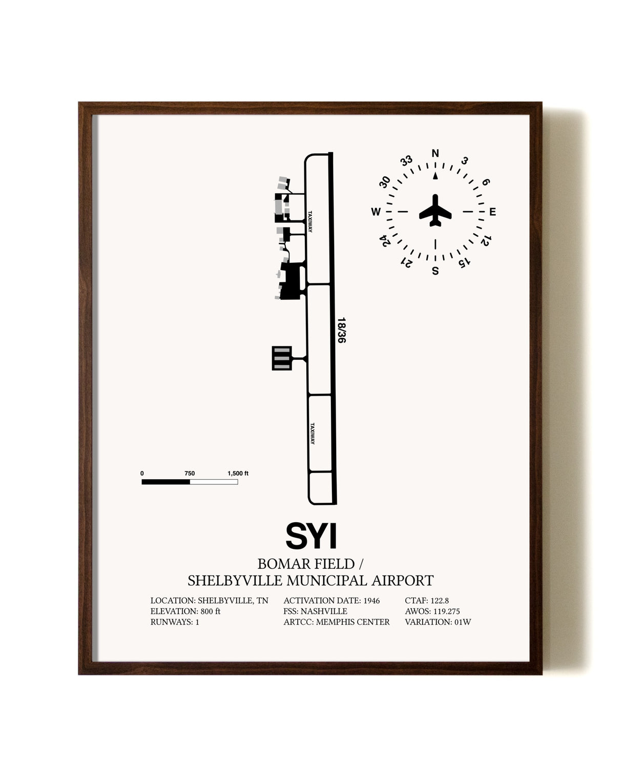 Bomar Field / Shelbyville Municipal Airport aviation print in walnut frame