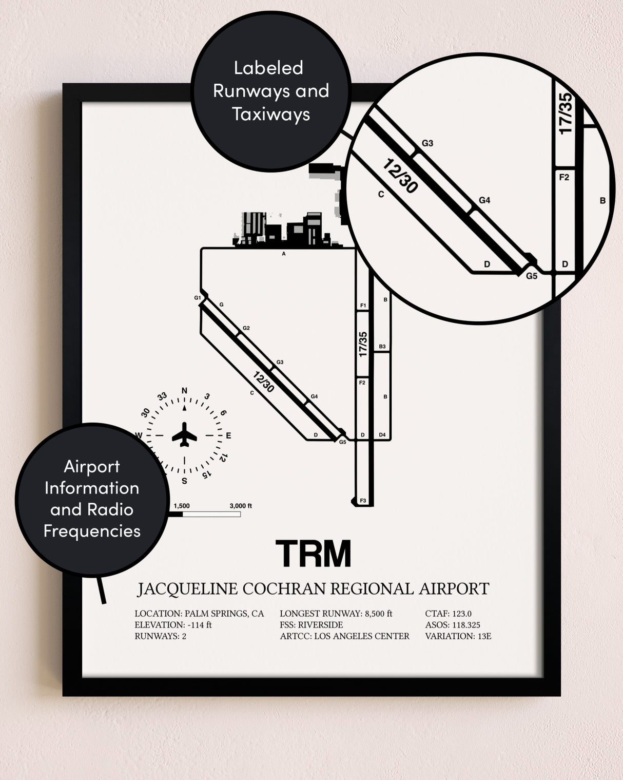 Framed Jacqueline Cochran Regional Airport layout wall art poster