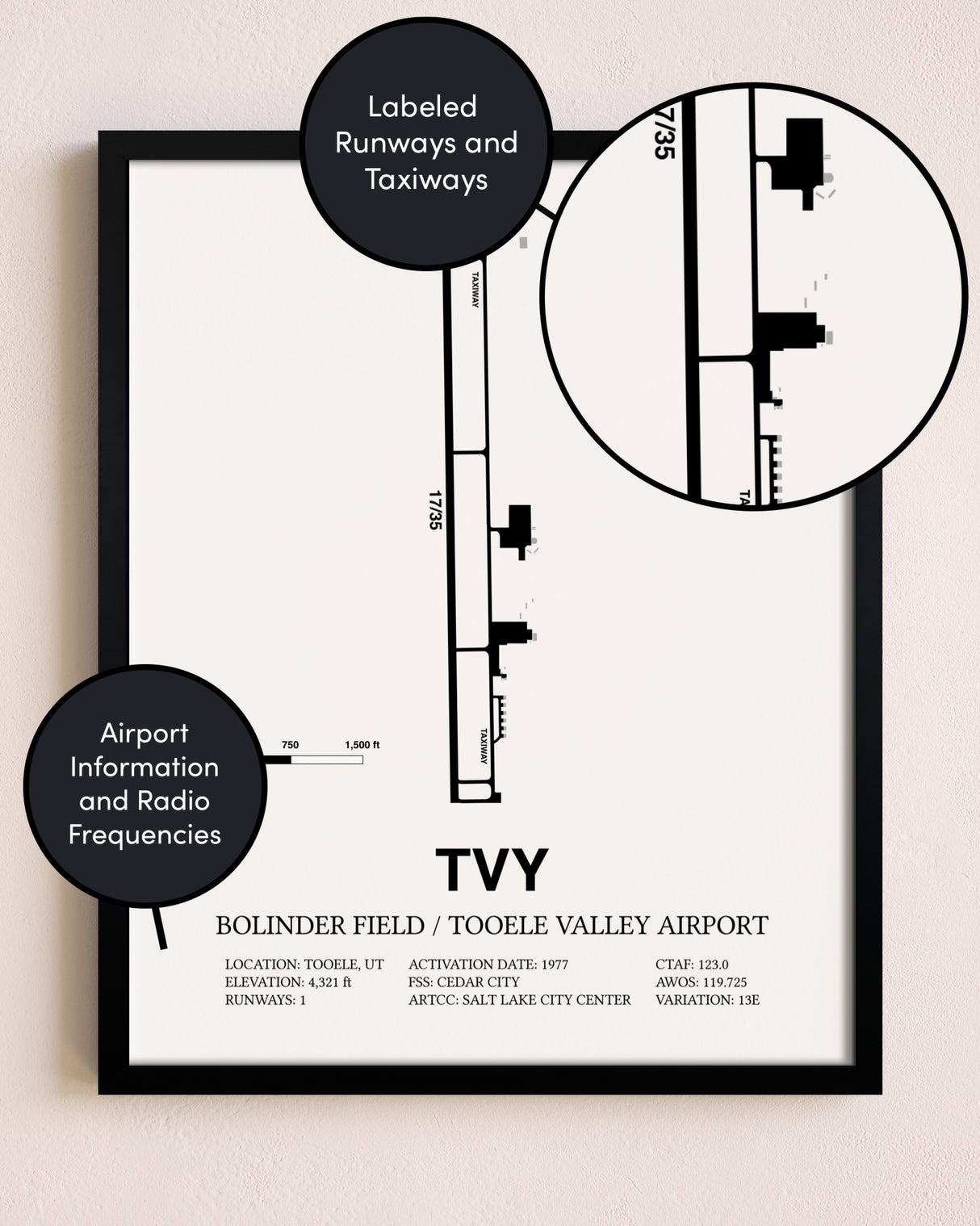 Framed Bolinder Field / Tooele Valley Airport layout wall art poster