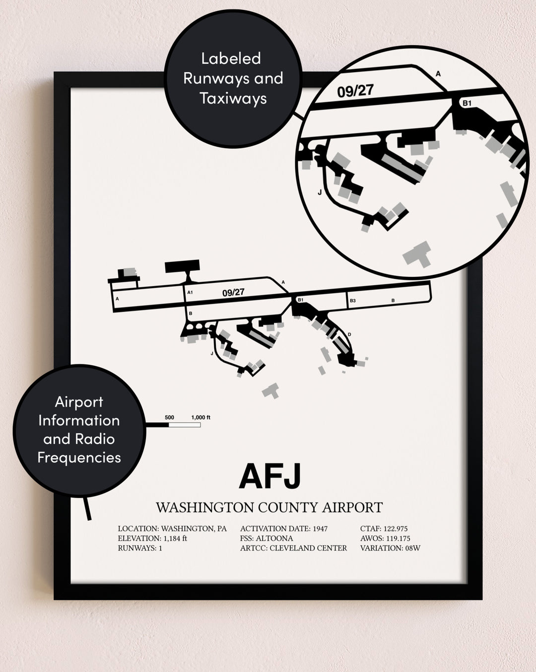 Framed Washington County Airport layout wall art poster