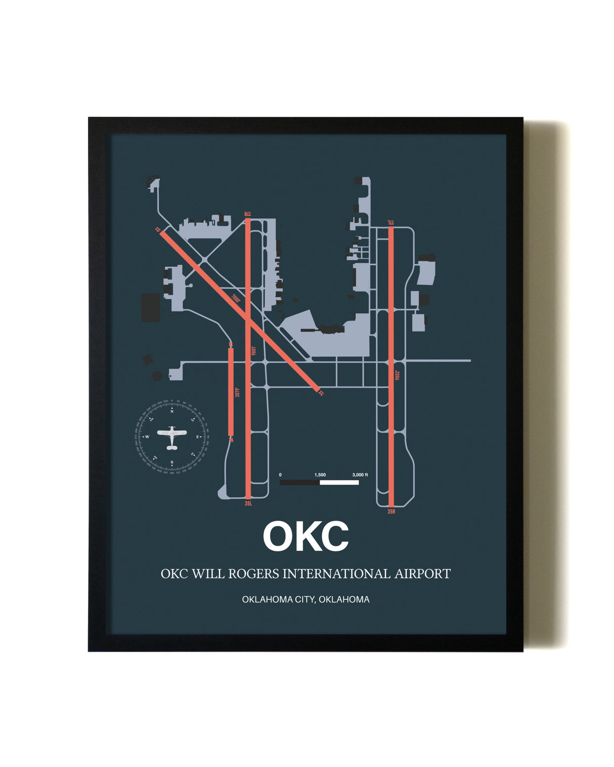 Framed OKC Will Rogers International Airport wall art poster in black frame