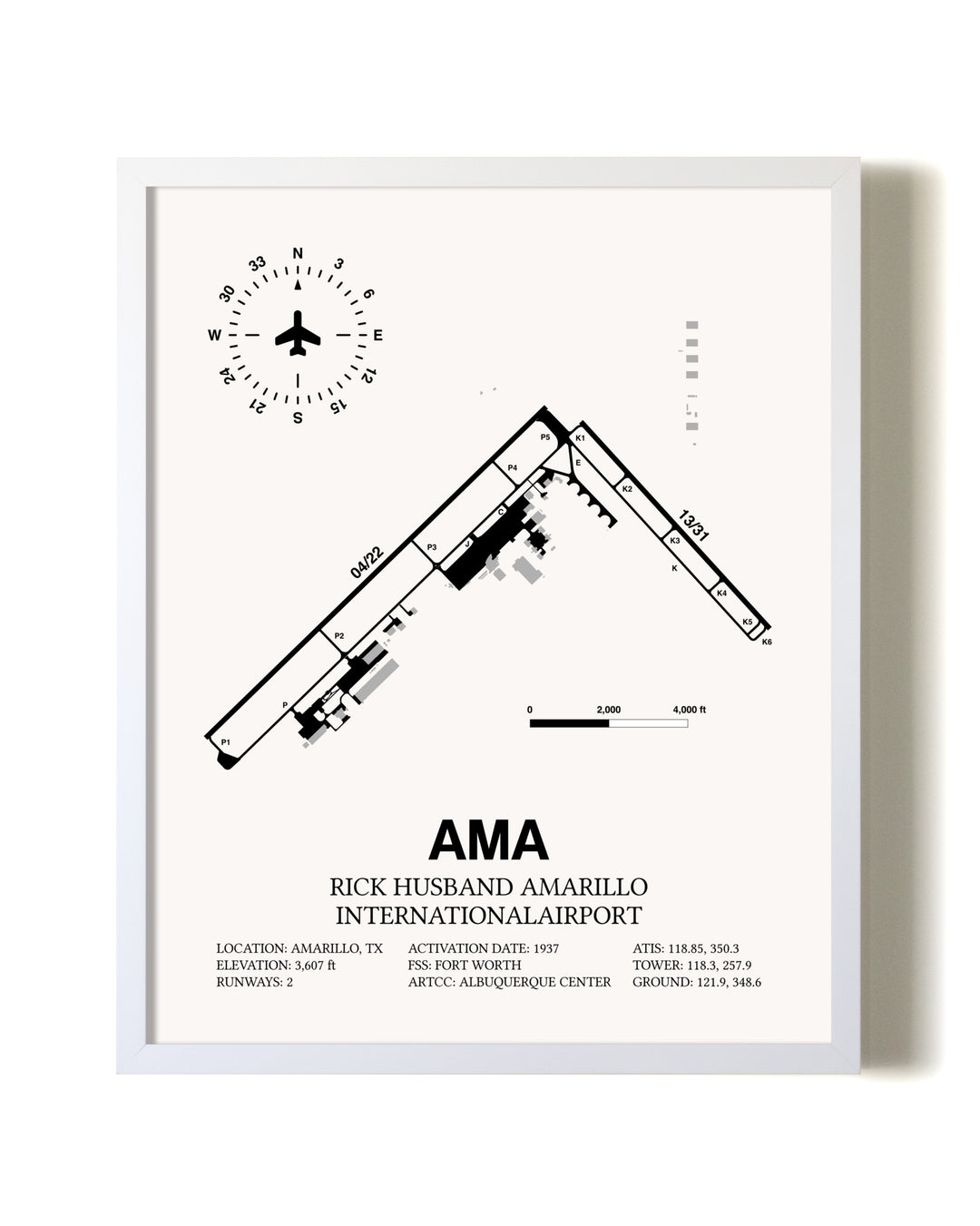 Rick Husband Amarillo International Airport airport map poster in oak frame
