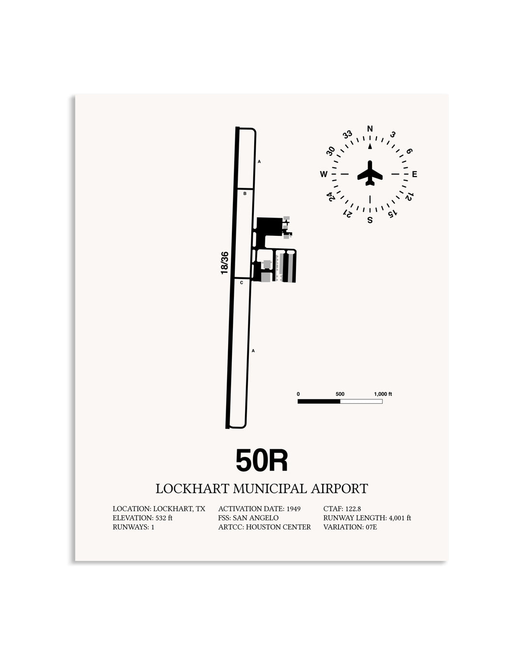 Gray Lockhart Municipal Airport framed poster displayed in an airplane hangar