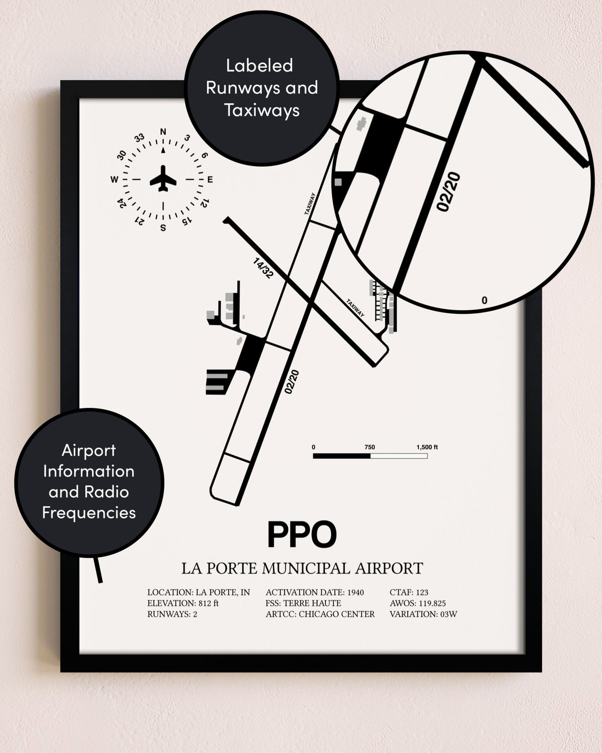 Framed La Porte Municipal Airport layout wall art poster