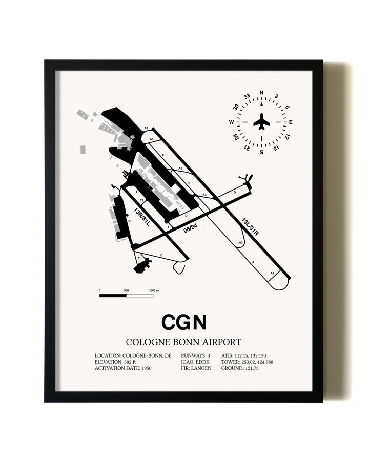 Framed Cologne Bonn Airport wall art poster in black frame