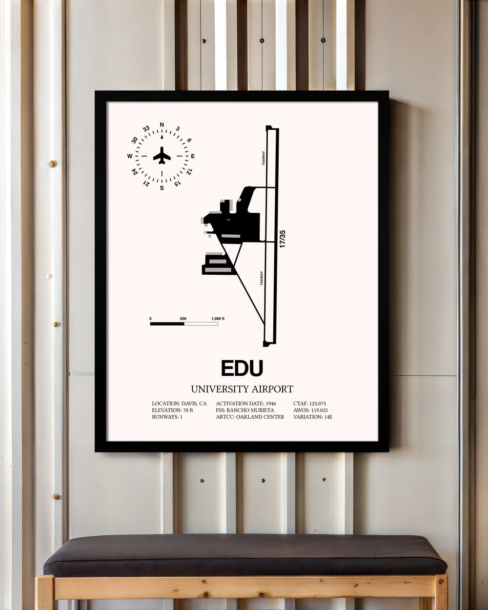 University Airport framed poster displayed in an airplane hangar