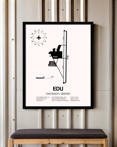 University Airport framed poster displayed in an airplane hangar