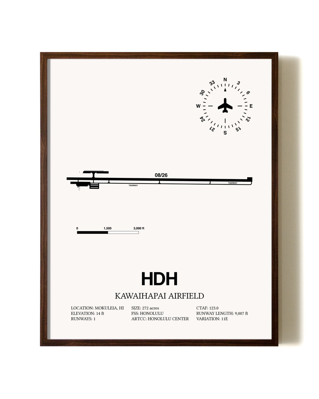 Kawaihapai Airfield aviation print in walnut frame